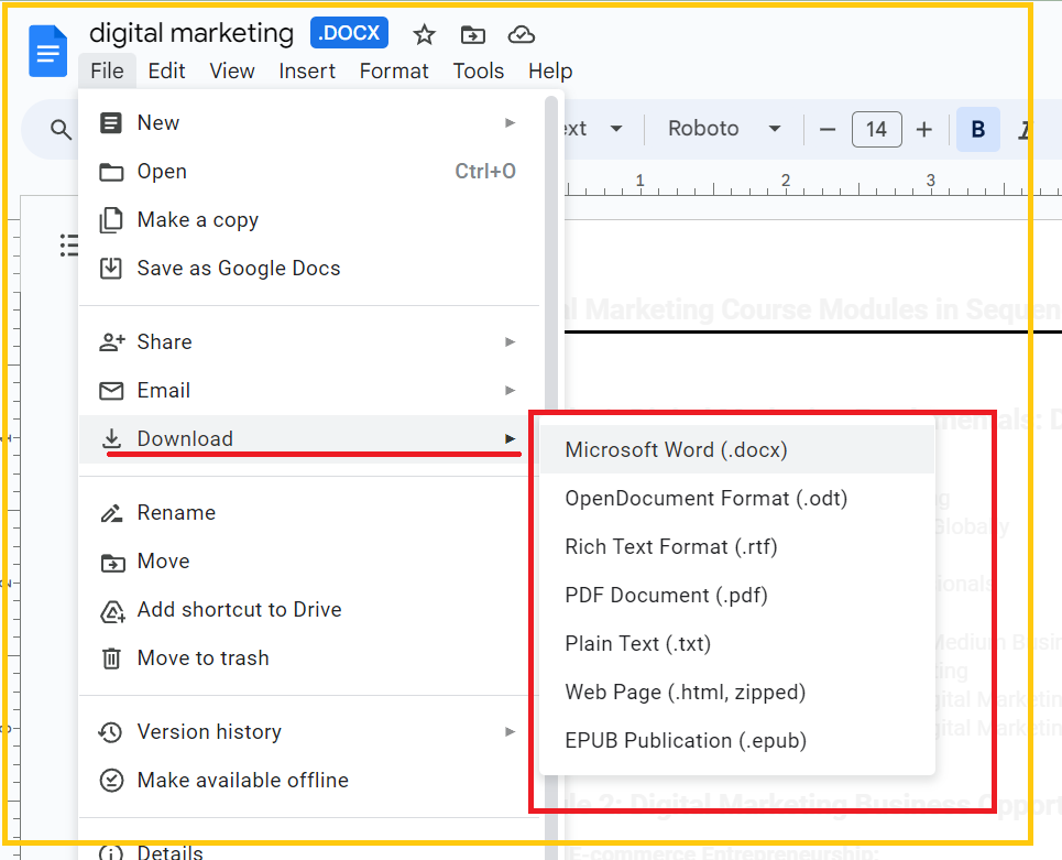 Screenshot option higlighted for downloading google docs files in various formats.