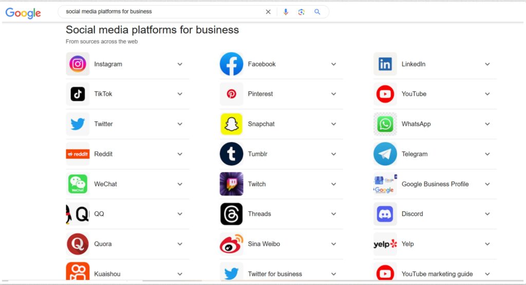 visual showing social media platforms for business